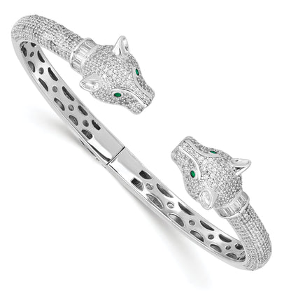 Sterling Silver Rhodium-Plated Polished Cz Lioness Hinged Cuff Bangle