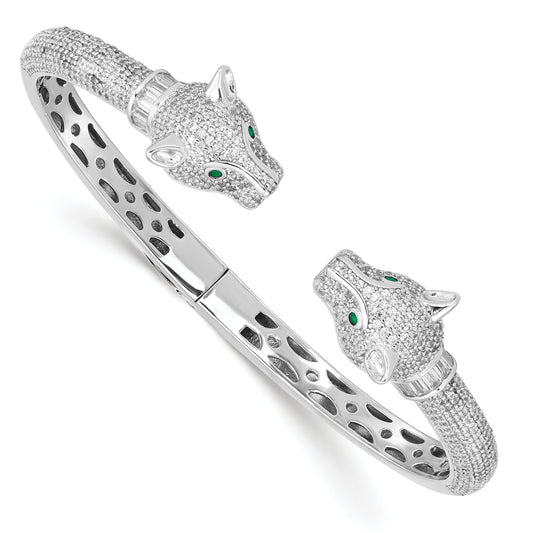 Sterling Silver Rhodium-Plated Polished Cz Lioness Hinged Cuff Bangle