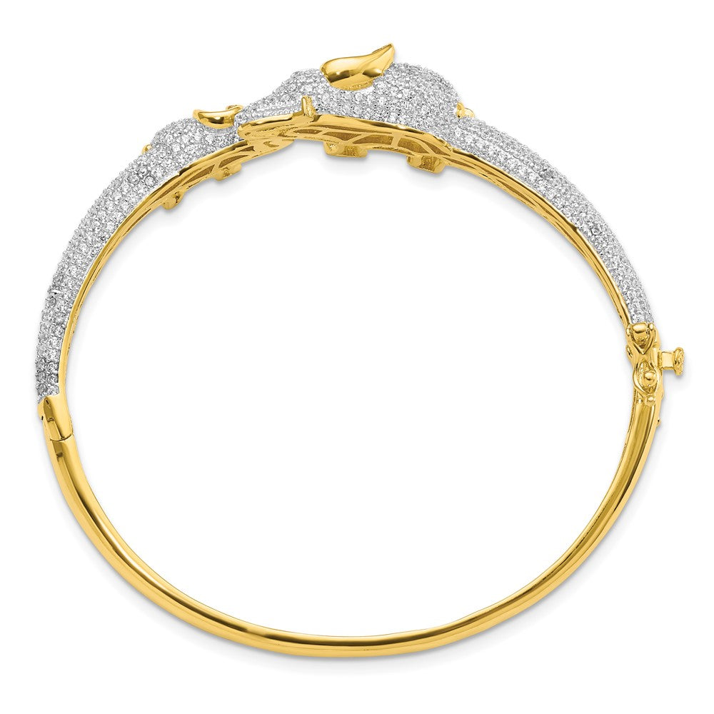 Sterling Silver Rh-Plated Gold Tone Mom And Baby Cz Elephants Hinged Bangle