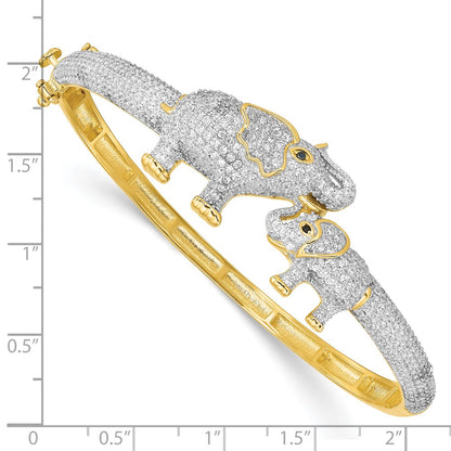 Sterling Silver Rh-Plated Gold Tone Mom And Baby Cz Elephants Hinged Bangle