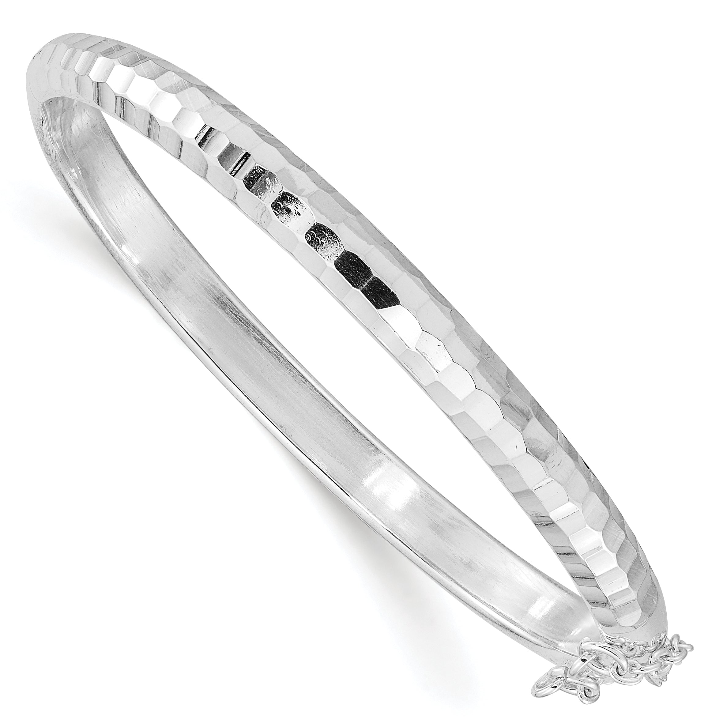 Sterling Silver Rhodium-Plated Polished & Diamond-Cut 5mm With Safety Clasp Hinged Children'S Bangle