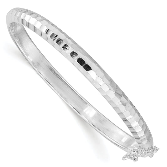 Sterling Silver Rhodium-Plated Polished & Diamond-Cut 5mm With Safety Clasp Hinged Children'S Bangle