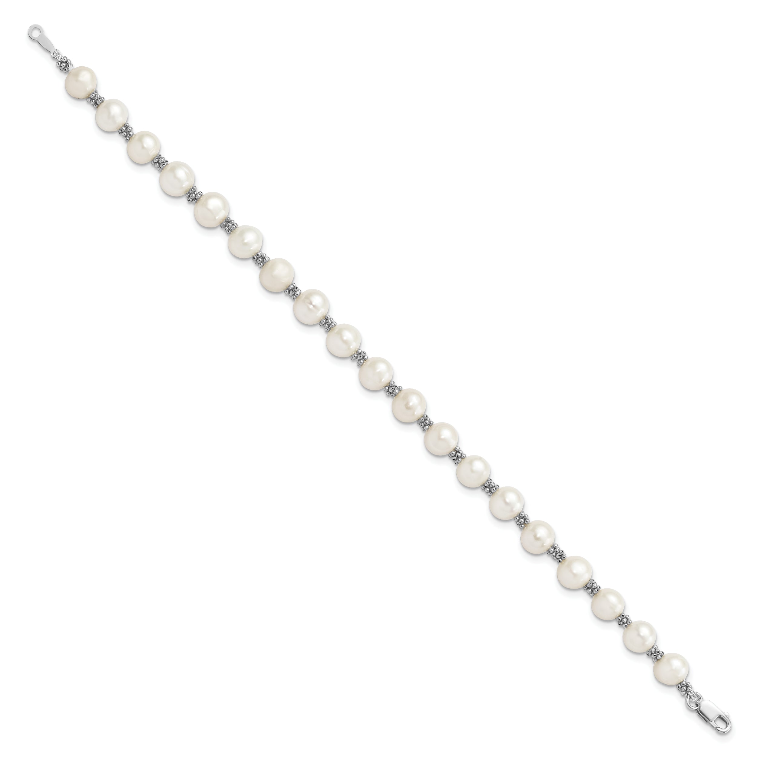 7.25 Inch Sterling Silver Rhodium-Plated White Fw Cultured Pearl Bracelet