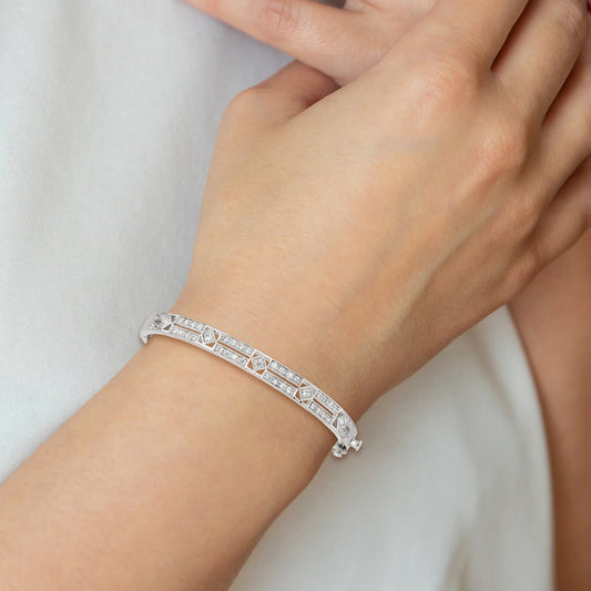 Sterling Silver Rhodium-Plated Cz Hinged Bangle