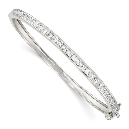 8 Inch Sterling Silver Rhodium-Plated Cz Hinged Bangle Bracelet