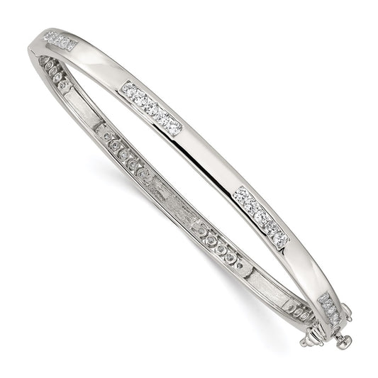 8 Inch Sterling Silver Rhodium-Plated Clear Cz Oval Hinged Bangle Bracelet