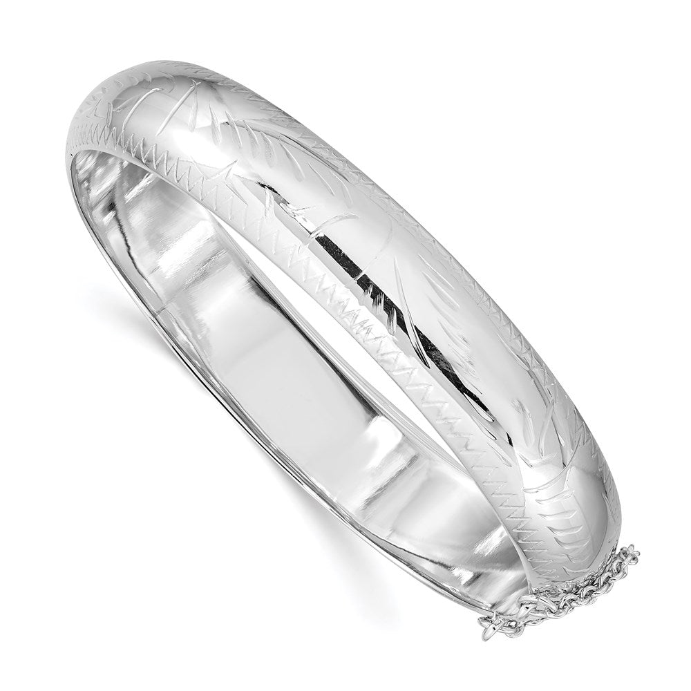Sterling Silver Rhodium-Plated D/C 12mm Fancy Hinged Bangle Bracelet