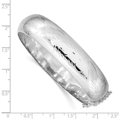 Sterling Silver Rhodium-Plated D/C 15mm Fancy Hinged Bangle Bracelet