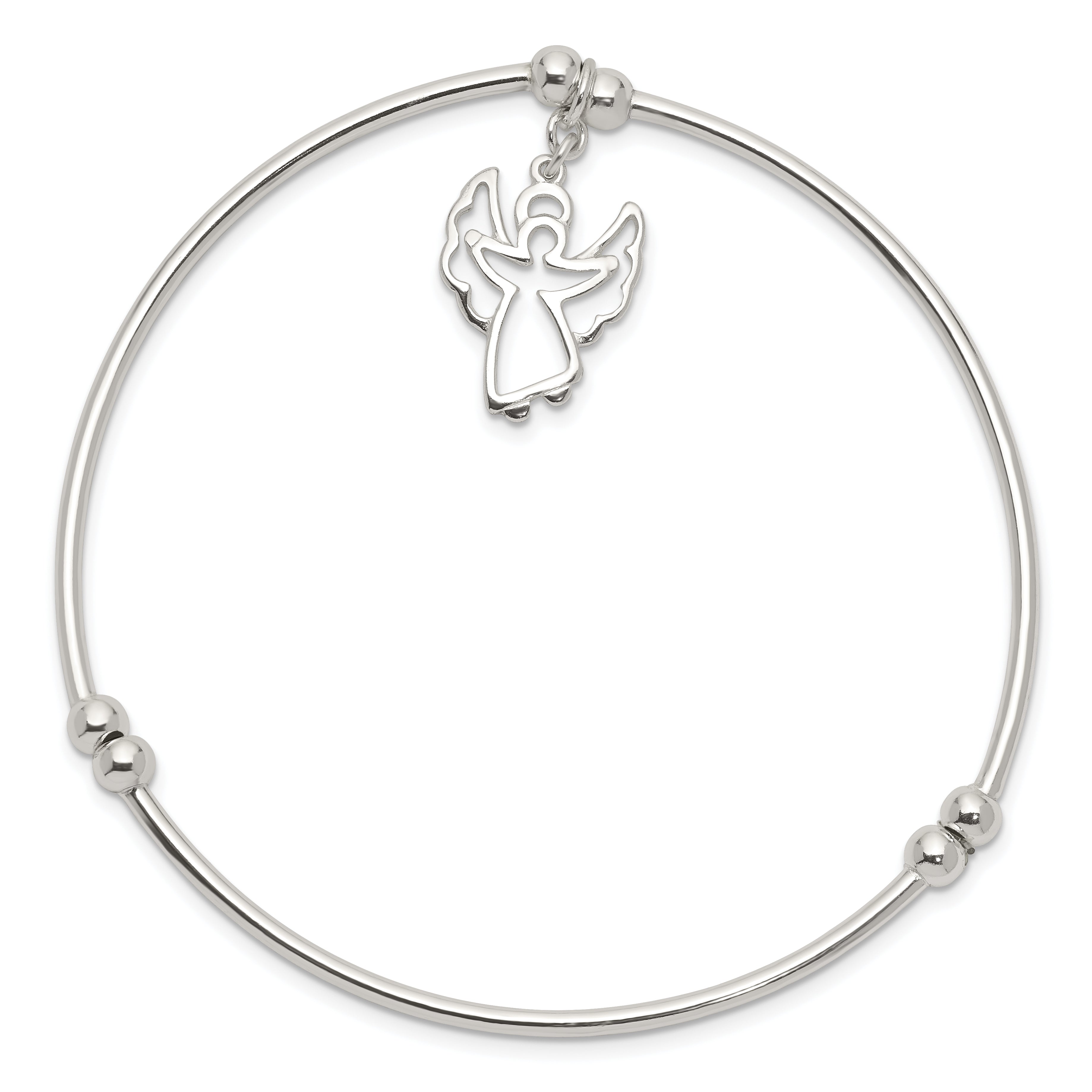 7 Inch Sterling Silver Rhodium-Plated Bead W/Angel Stretch Bangle Bracelet