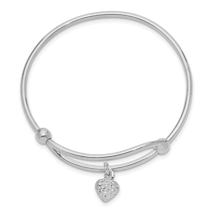 Sterling Silver Rh-Plated Polished & D/C Heart Adjustable Baby Bangle