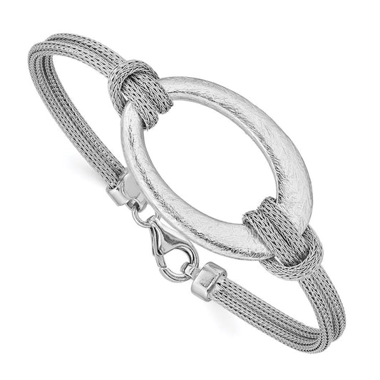 7.25 Inch Sterling Silver Rhodium-Plated Brushed Oval Mesh Knotted Bracelet