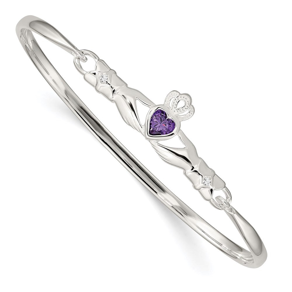 Sterling Silver Purple Cz Claddagh Bangle
