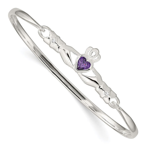 Sterling Silver Purple Cz Claddagh Bangle