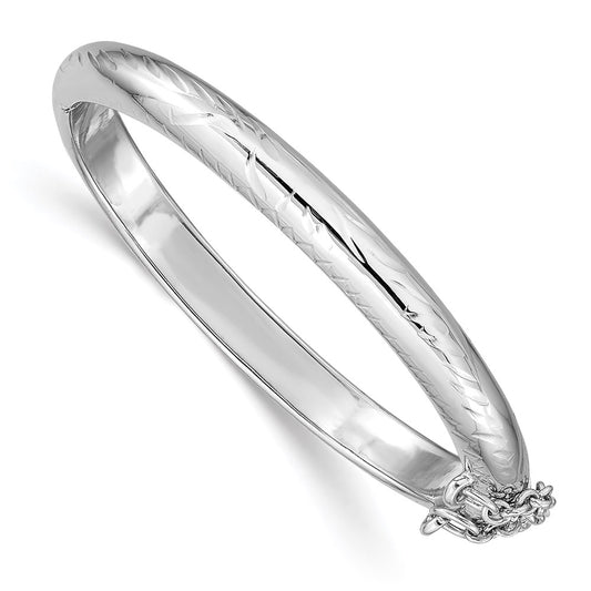 Sterling Silver Rhodium-Plated Polished & Diamond-Cut 5mm With Safety Clasp Hinged Children'S Bangle