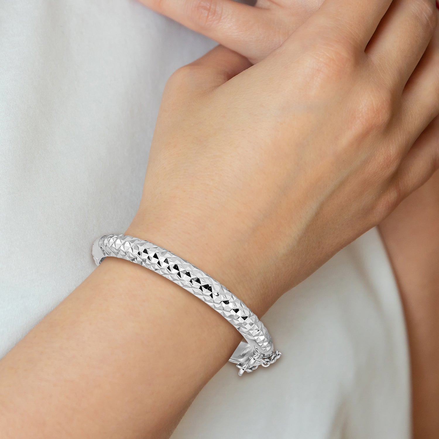 Sterling Silver Rhodium-Plated Polished & Diamond-Cut 5.5mm With Safety Clasp Hinged Children'S Bangle