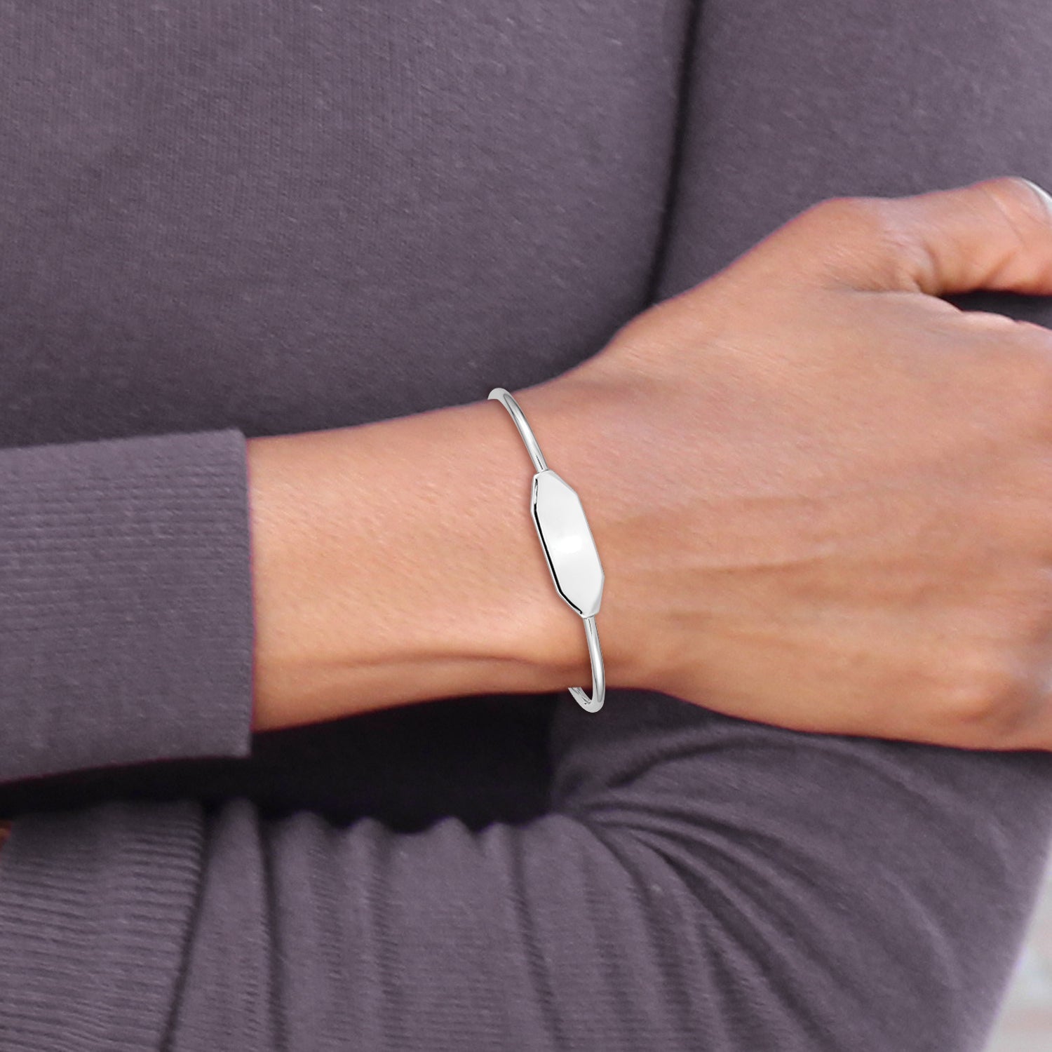 Sterling Silver Rhodium-Plated Polished Id Children'S Cuff Bangle