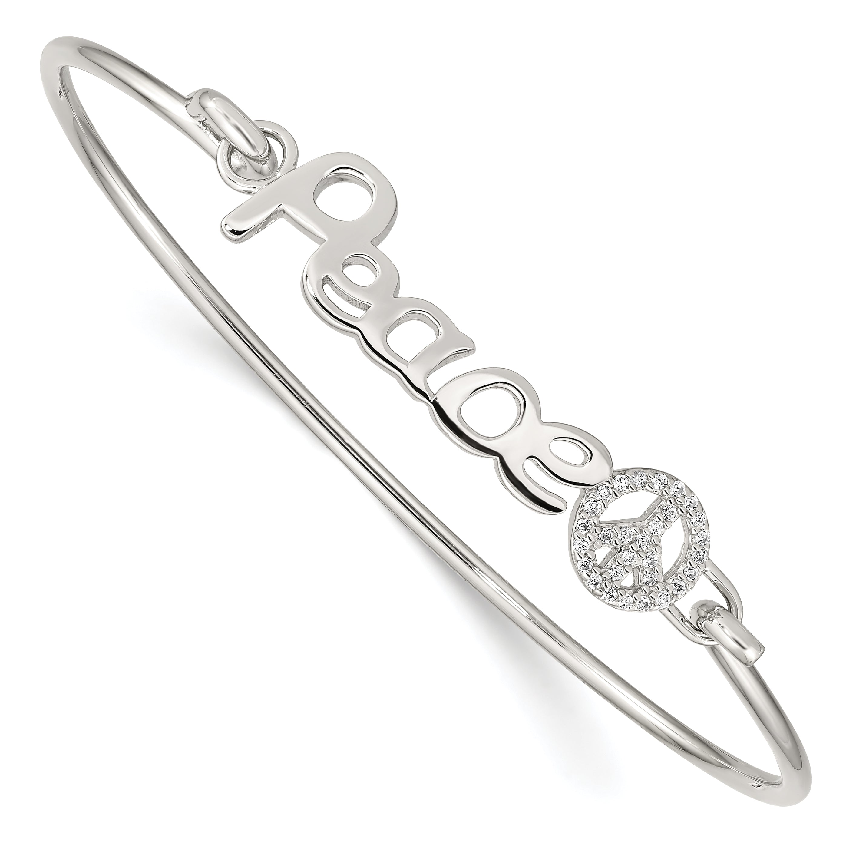 Sterling Silver Rhod-Plated Polished Cz Peace With Sign Bangle