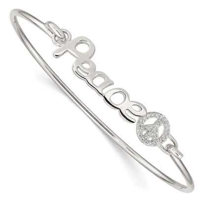Sterling Silver Rhod-Plated Polished Cz Peace With Sign Bangle
