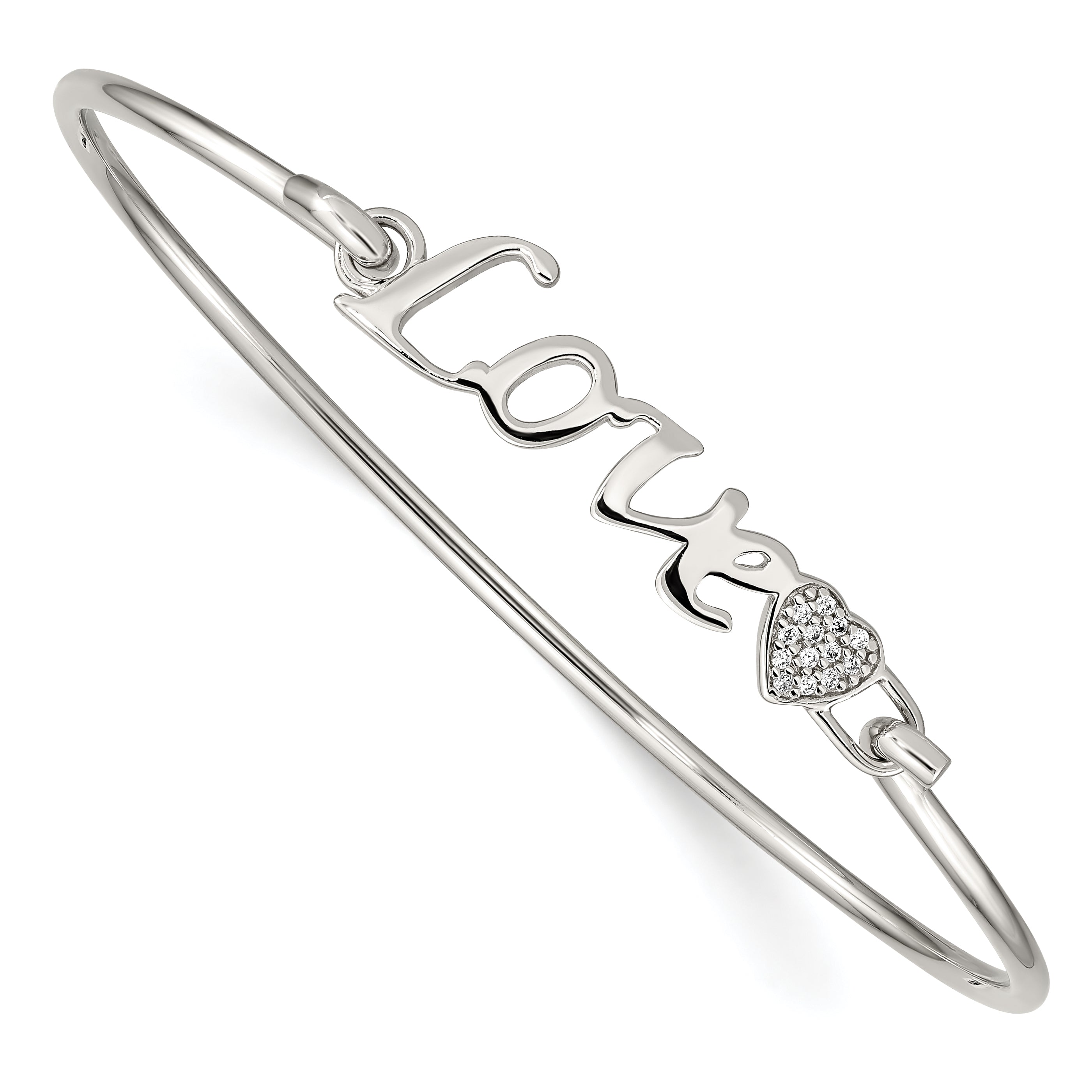 Sterling Silver Rhodium-Plated Polished Love With Cz Heart Bangle