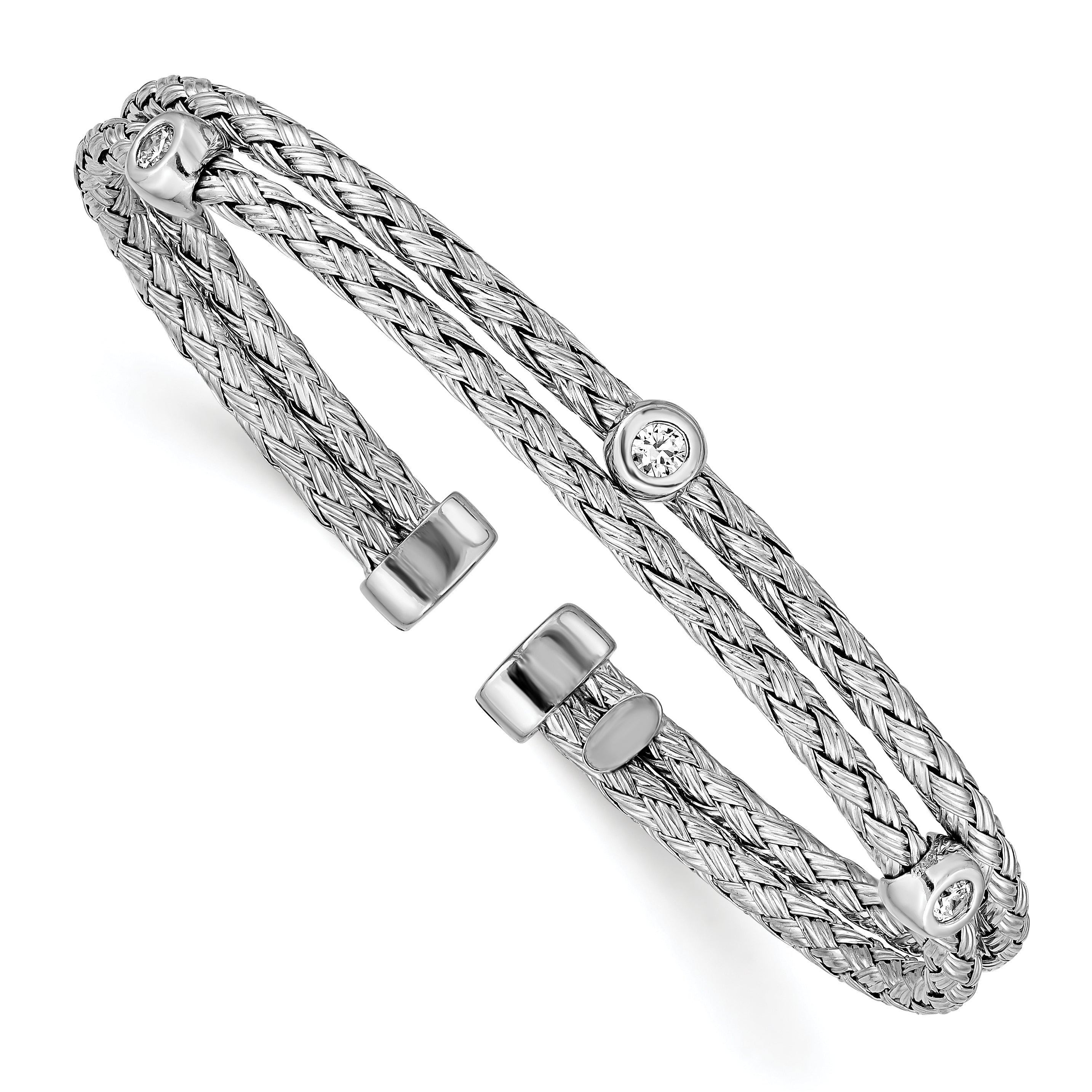 Sterling Silver Polished Rhodium-Plated Double Strand Cz Cuff Bangle