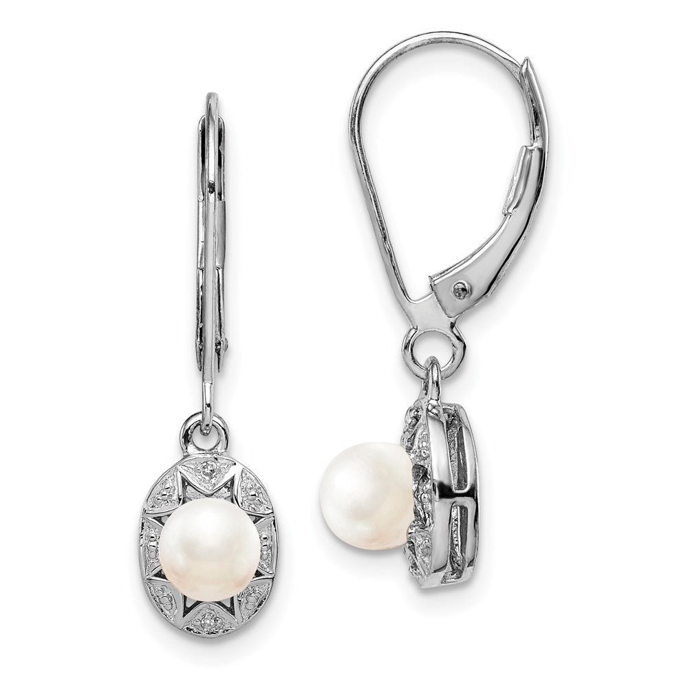 Sterling Silver Rhodium-Plated Diam. & Fw Cultured Pearl Earrings