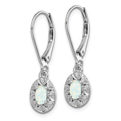 Sterling Silver Rhodium-Plated Diam. & Created Opal Earrings