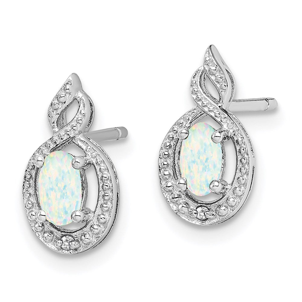 Sterling Silver Rhodium-Plated Created Opal & Diam. Earrings