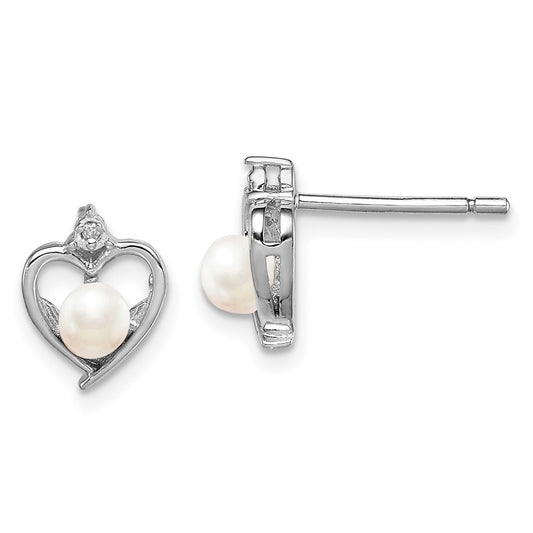 Sterling Silver Rhodium-Plated Fw Cultured Pearl & Diam. Earrings