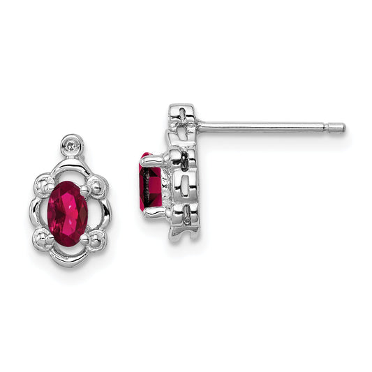 Sterling Silver Rhodium-Plated Created Ruby & Diam. Earrings