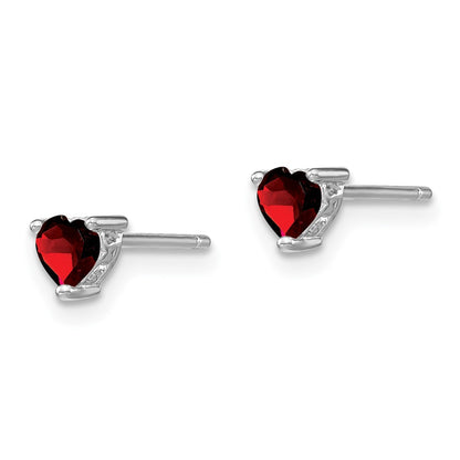 Sterling Silver Rhodium-Plated 4mm Heart Garnet Post Earrings