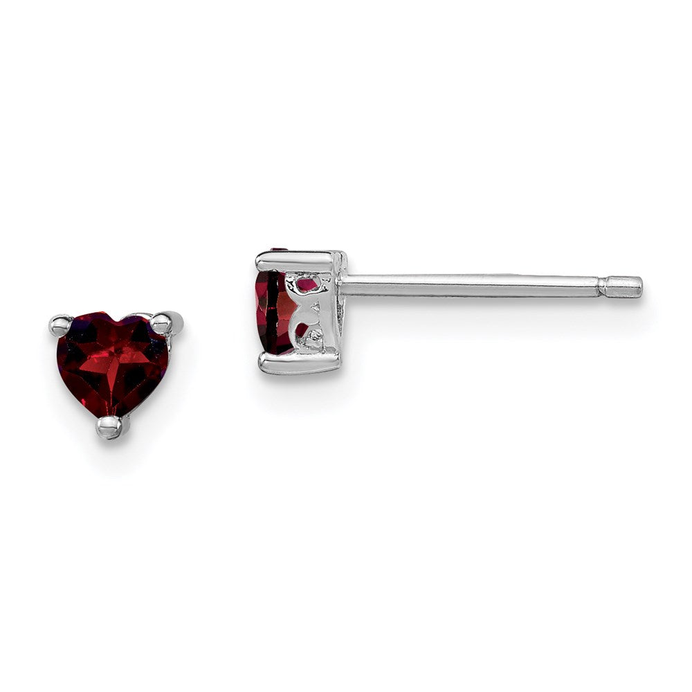 Sterling Silver Rhodium-Plated 4mm Heart Garnet Post Earrings