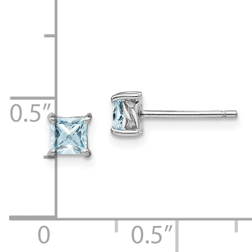 Sterling Silver Rhodium-Plated 4mm Princess Aquamarine Post Earrings