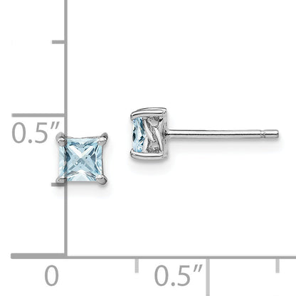 Sterling Silver Rhodium-Plated 4mm Princess Aquamarine Post Earrings
