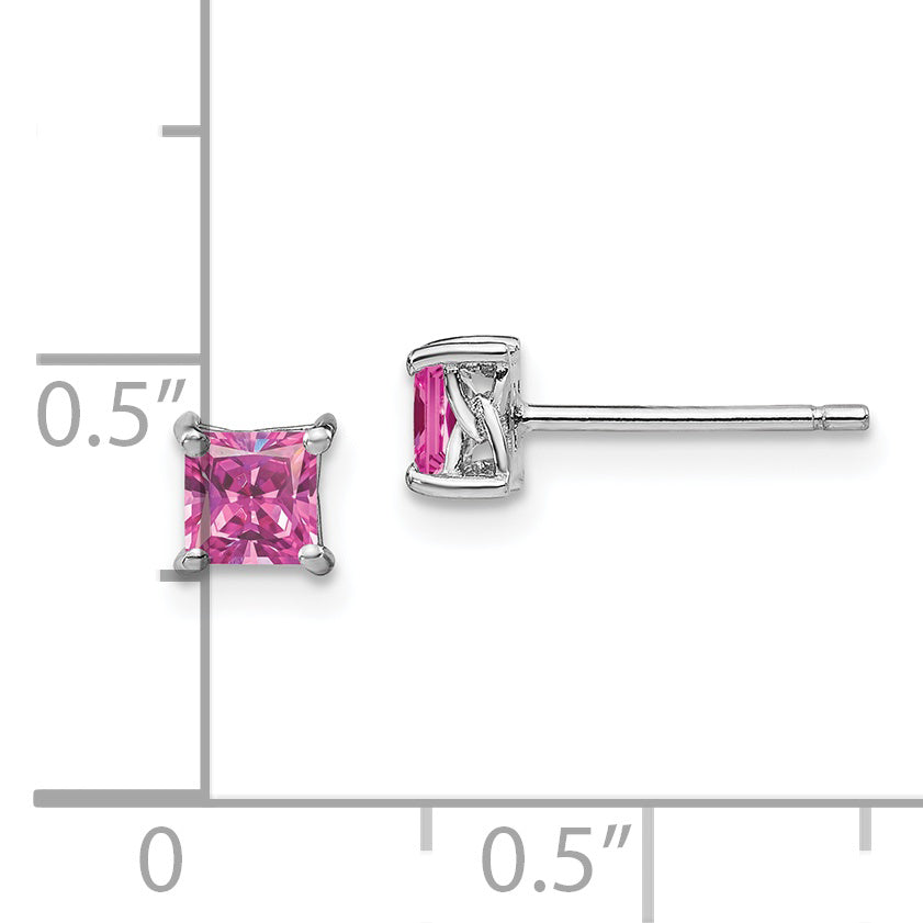 Sterling Silver Rhod-Pltd 4mm Princess Cr. Pink Sapphire Post Earrings