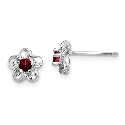Sterling Silver Rhodium-Plated Floral Garnet Post Earrings