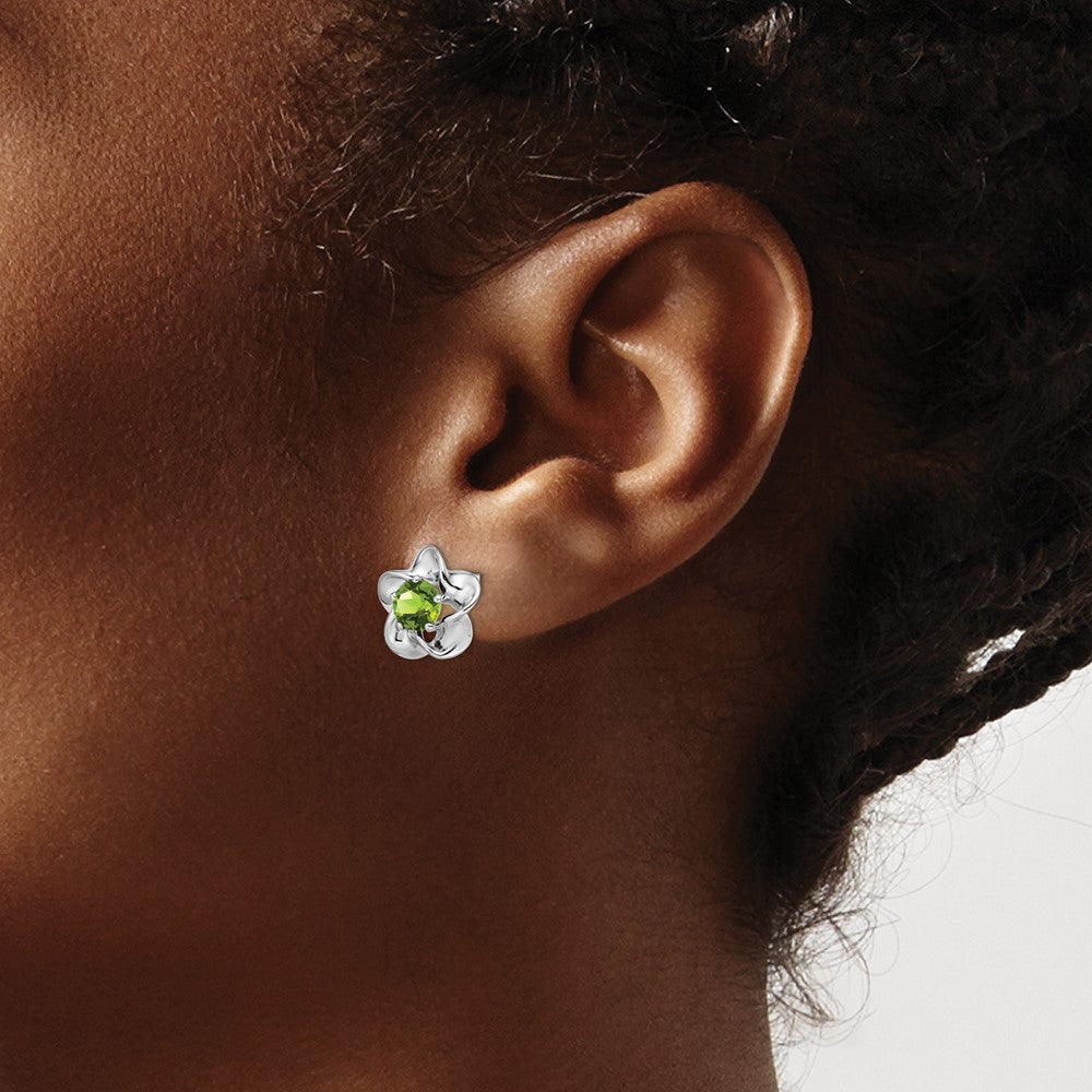 Sterling Silver Rhodium-Plated Floral Peridot Post Earrings