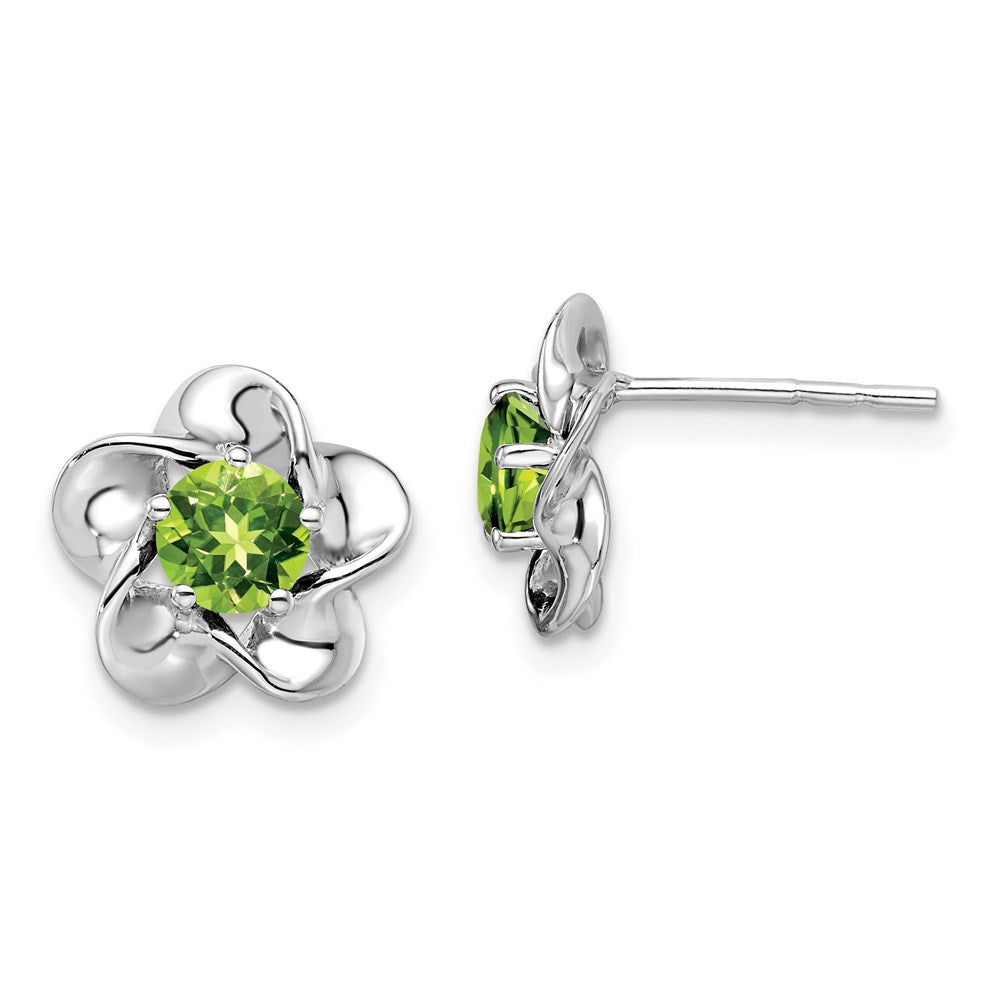 Sterling Silver Rhodium-Plated Floral Peridot Post Earrings