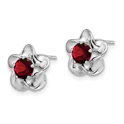 Sterling Silver Rhodium-Plated Floral Garnet Post Earrings