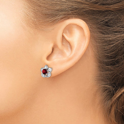 Sterling Silver Rhodium-Plated Floral Garnet Post Earrings