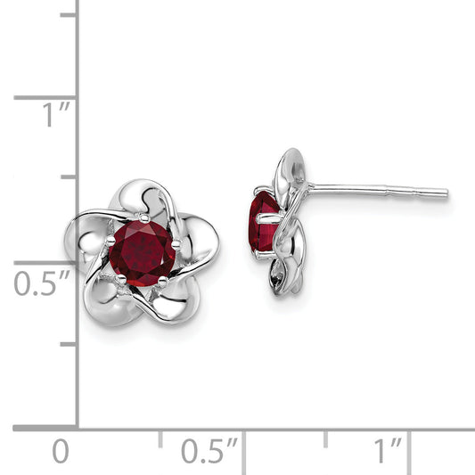 Sterling Silver Rhodium-Plated Floral Created Ruby Post Earrings