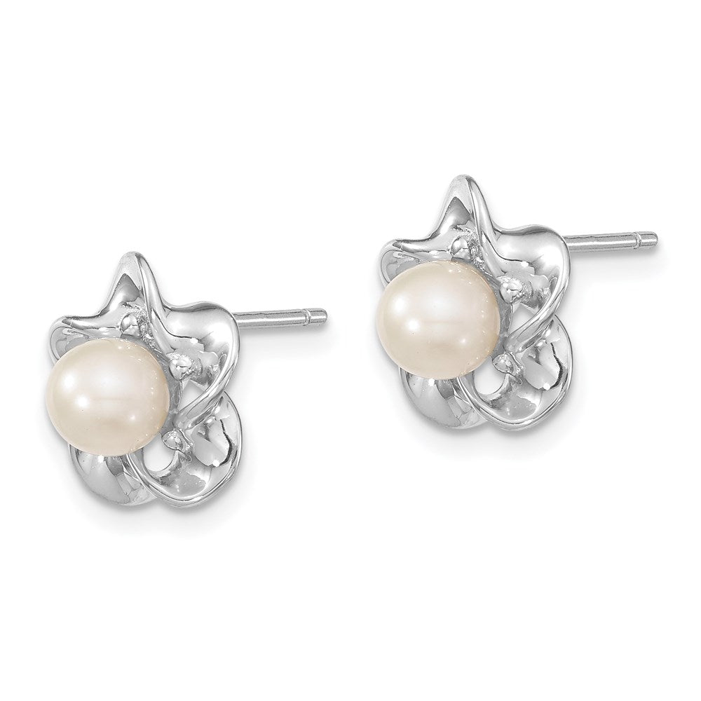 Sterling Silver Rhodium-Plated Floral Fwc Pearl Post Earrings