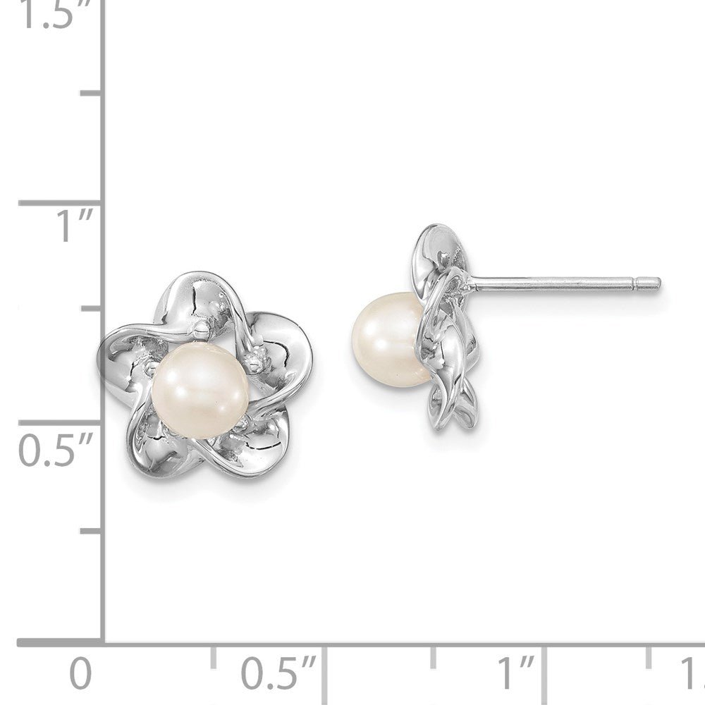 Sterling Silver Rhodium-Plated Floral Fwc Pearl Post Earrings