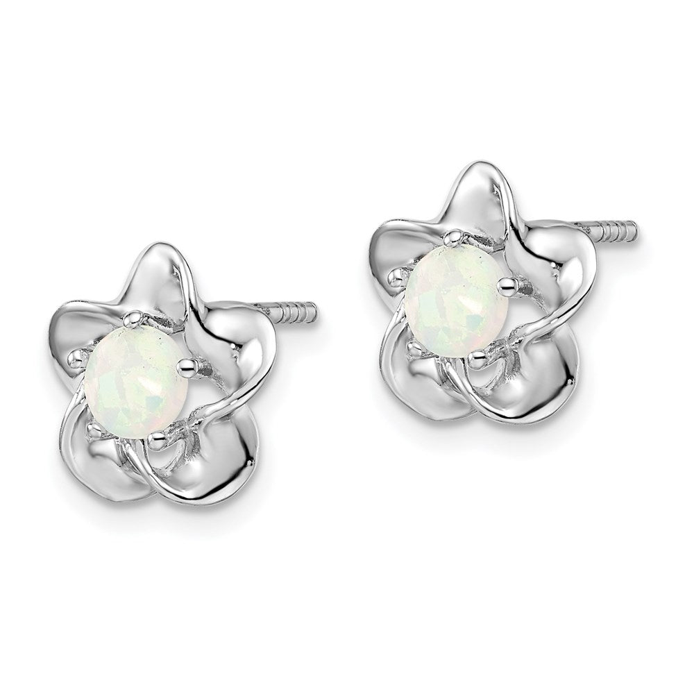Sterling Silver Rhodium-Plated Floral Created Opal Post Earrings