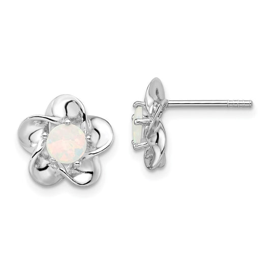 Sterling Silver Rhodium-Plated Floral Created Opal Post Earrings