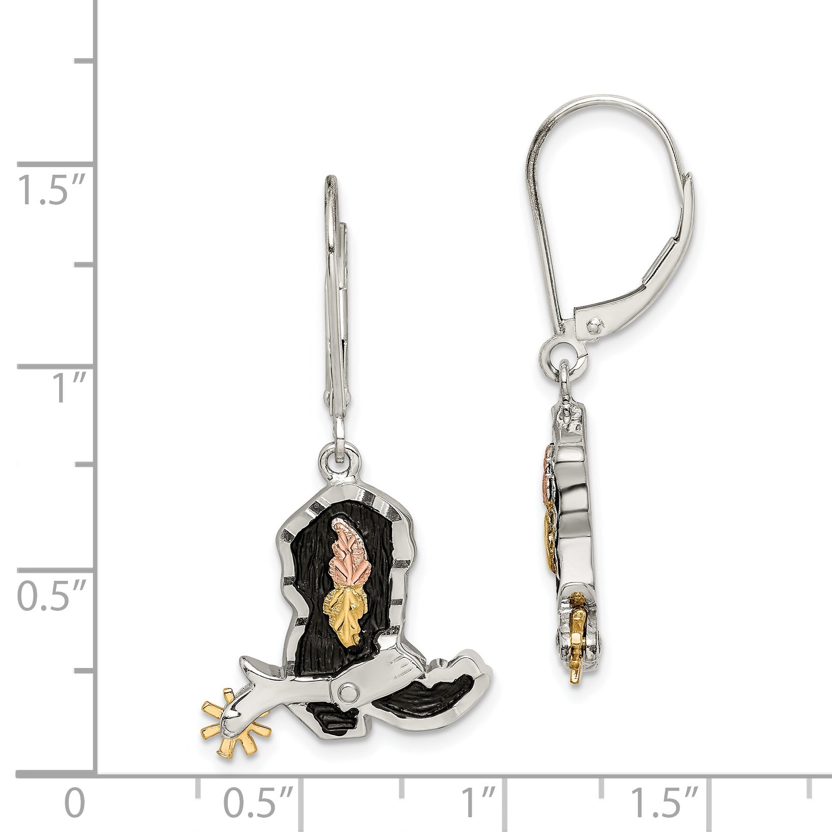 Sterling Silver Landstrom'S Mt. Rushmore Black Hills 12K Gold Accents Antiqued Cowboy Boot With 10K Spur Dangle Leverback Earrings