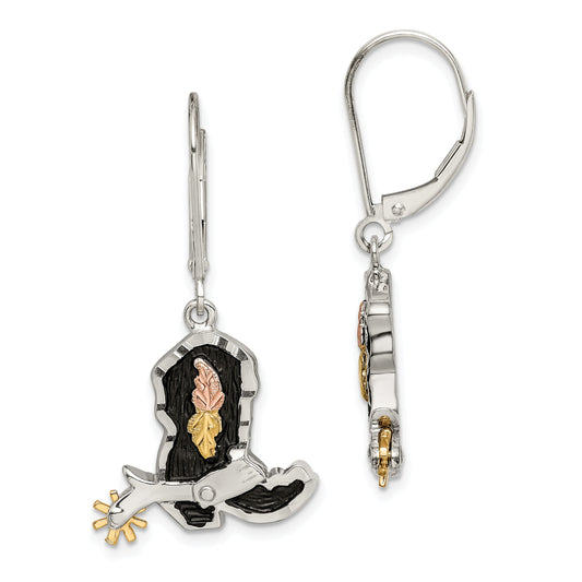 Sterling Silver Landstrom'S Mt. Rushmore Black Hills 12K Gold Accents Antiqued Cowboy Boot With 10K Spur Dangle Leverback Earrings