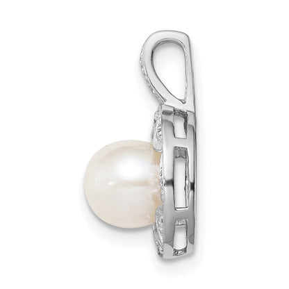Sterling Silver Rhodium-Plated Diam. & Fw Cultured Pearl Pendant