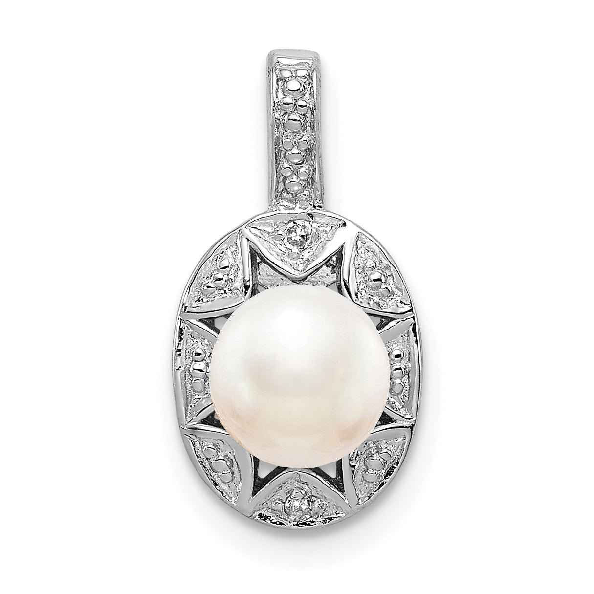 Sterling Silver Rhodium-Plated Diam. & Fw Cultured Pearl Pendant