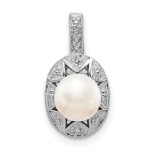Sterling Silver Rhodium-Plated Diam. & Fw Cultured Pearl Pendant