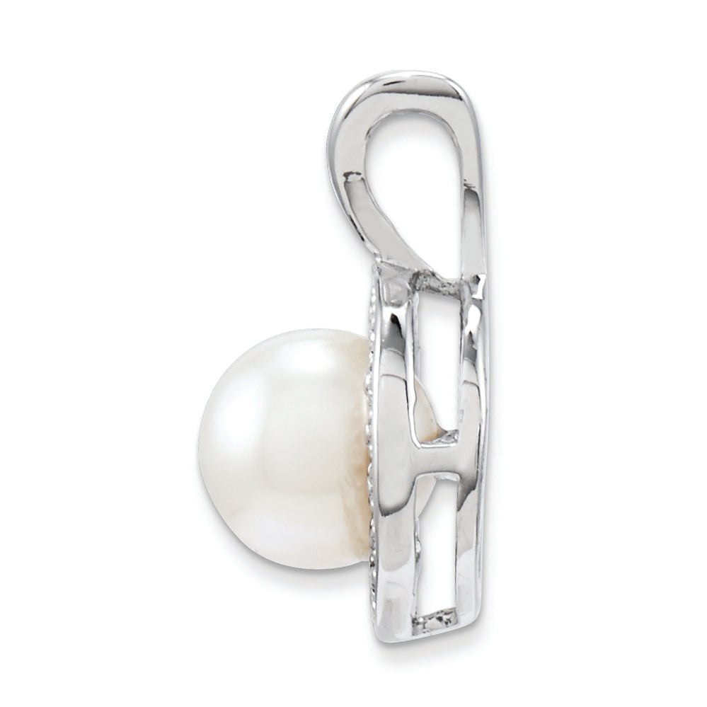 Sterling Silver Rhodium-Plated Diam. & Fw Cultured Pearl Pendant